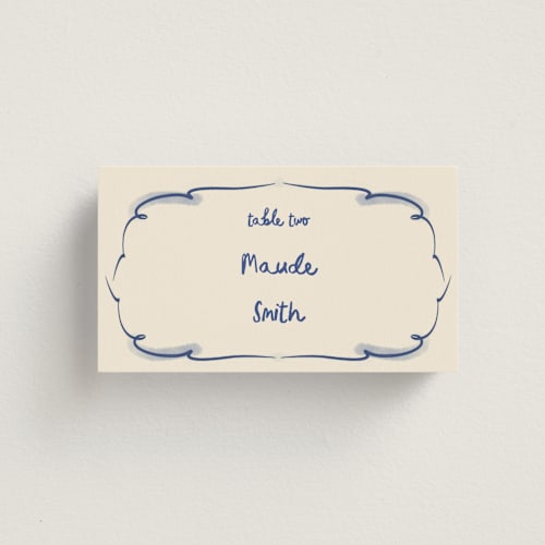 This is a marseille blue wedding place cards with standard by Ani Somi called santa catalina printing on signature in placecard