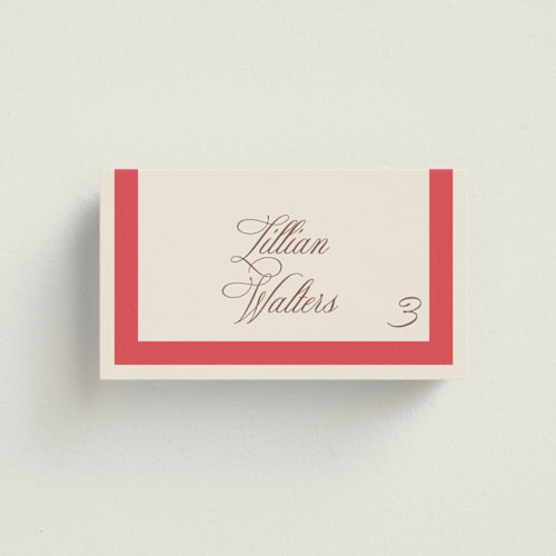 This is a berry wedding place cards with standard by Megan Davis called montauk printing on signature in placecard