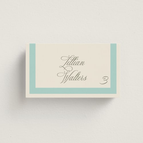 This is a haint blue wedding place cards with standard by Megan Davis called montauk printing on signature in placecard