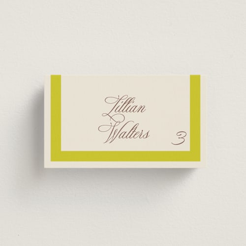 This is a citrus wedding place cards with standard by Megan Davis called montauk printing on signature in placecard