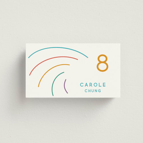 This is a light hearted wedding place cards with standard by Deborah Chou called rainbow 2.0 printing on signature in placecard