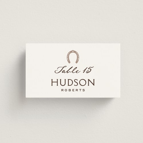 This is a leather wedding place cards with standard by Jenna Holcomb called mountain ranch toile printing on signature in placecard