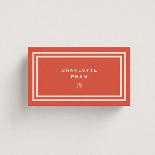 This is a verona sunset wedding place cards with standard by Megan Davis called racquet printing on signature in placecard