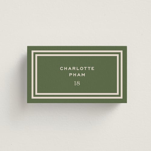 This is a fern wedding place cards with standard by Megan Davis called racquet printing on signature in placecard