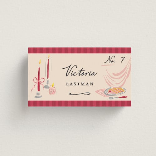 This is a cherry wedding place cards with standard by Sarah Rosenthal called velvet cherry printing on signature in placecard