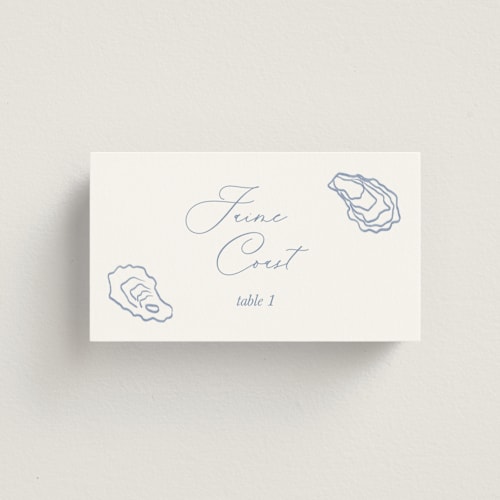 This is a oyster blue wedding place cards with standard by Cotton and Bow called i found my pearl printing on signature in placecard