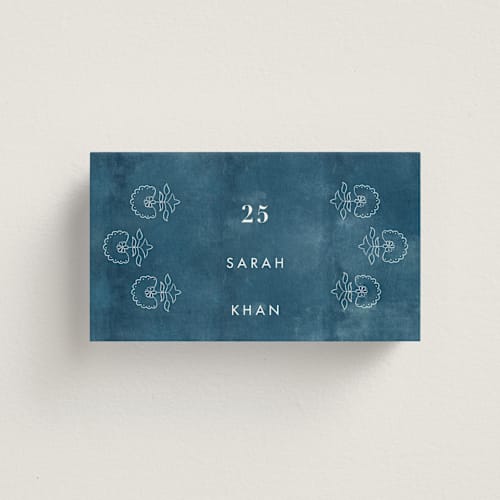 This is a indigo wedding place cards with standard by Nazia Hyder called kantha quilt printing on signature in placecard
