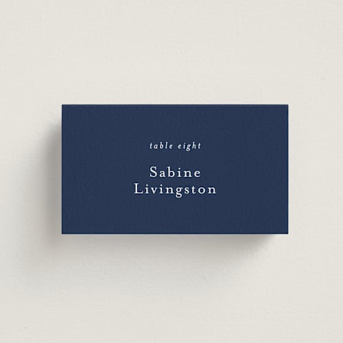 This is a indigo wedding place cards with standard by Angela Marzuki called brushstrokes in bloom printing on signature in placecard