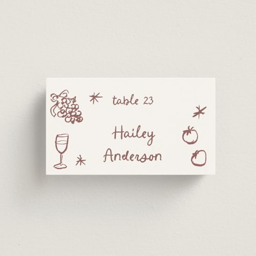 This is a orchid dust wedding place cards with standard by Cass Loh called inky printing on signature in placecard