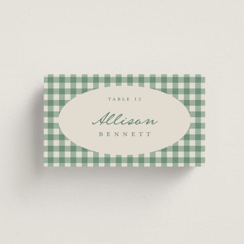 This is a meadow wedding place cards with standard by Kelly Watkins called gingham printing on signature in placecard