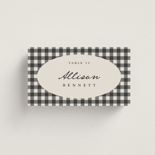 This is a chalkboard wedding place cards with standard by Kelly Watkins called gingham printing on signature in placecard
