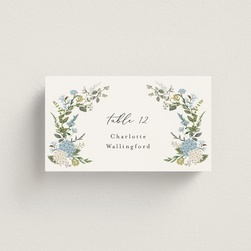 This is a coastal wedding place cards with standard by Susan Moyal called hydrangea vine printing on signature in placecard