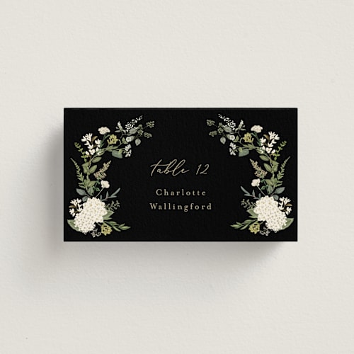 This is a black tie wedding place cards with standard by Susan Moyal called hydrangea vine printing on signature in placecard