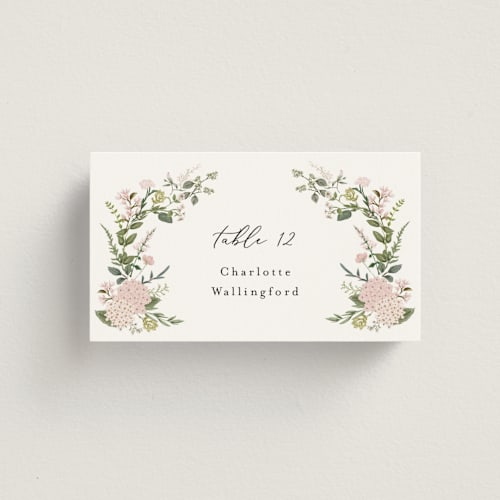 This is a blush wedding place cards with standard by Susan Moyal called hydrangea vine printing on signature in placecard