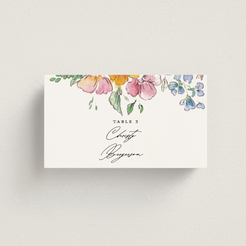 This is a tropical wedding place cards with standard by Itsy Belle Studio called floral pop printing on signature in placecard