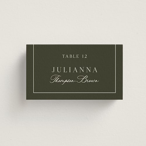 This is a deep olive wedding place cards with standard by Nicole Walsh called refined printing on signature in placecard