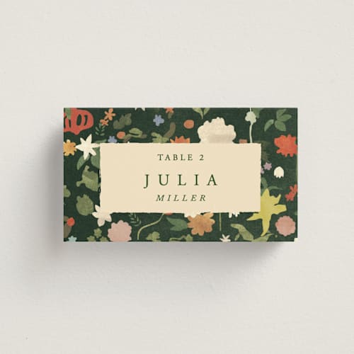 This is a garden wedding place cards with standard by Sumak Studio called all the flowers of the world printing on signature in placecard