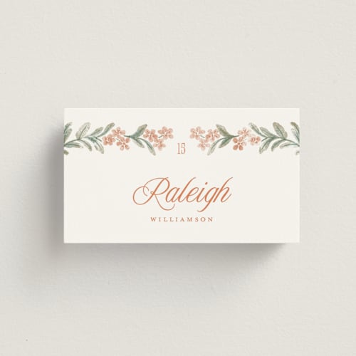 This is a persimmon wedding place cards with standard by Jenna Holcomb called vintage sketched printing on signature in placecard