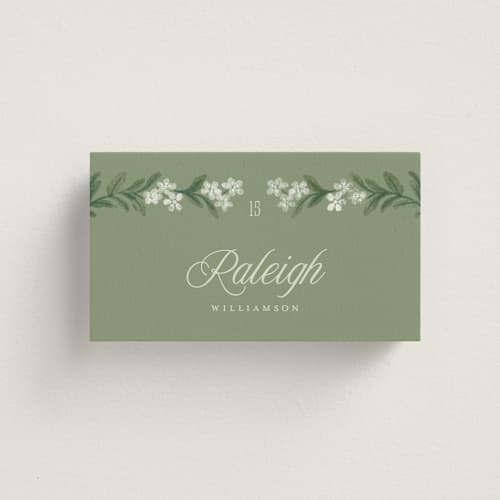 This is a sage wedding place cards with standard by Jenna Holcomb called vintage sketched printing on signature in placecard