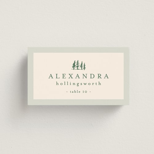 This is a pine wedding place cards with standard by Amy Kross called blue ridge printing on signature in placecard