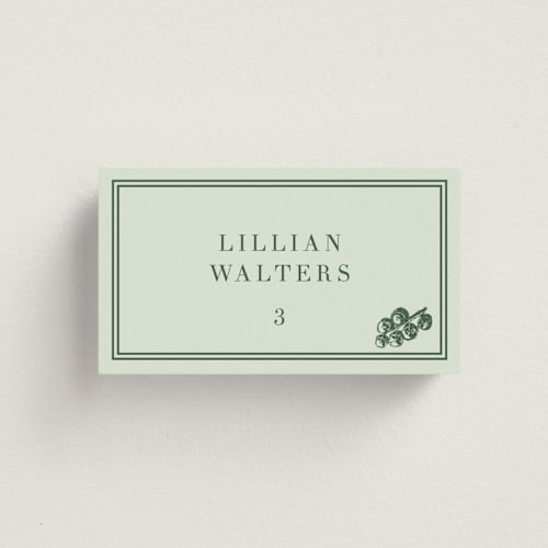 This is a mint wedding place cards with standard by Megan Davis called perry printing on signature in placecard