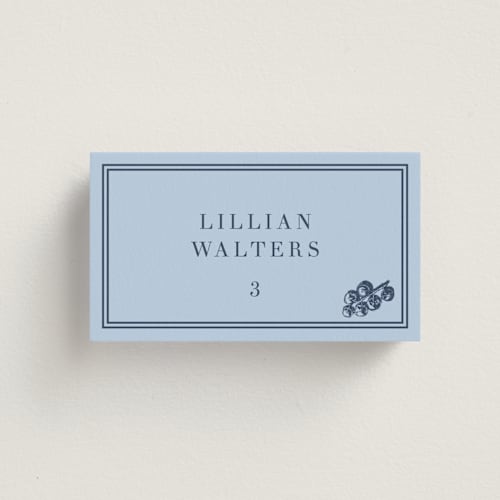 This is a bluebell wedding place cards with standard by Megan Davis called perry printing on signature in placecard