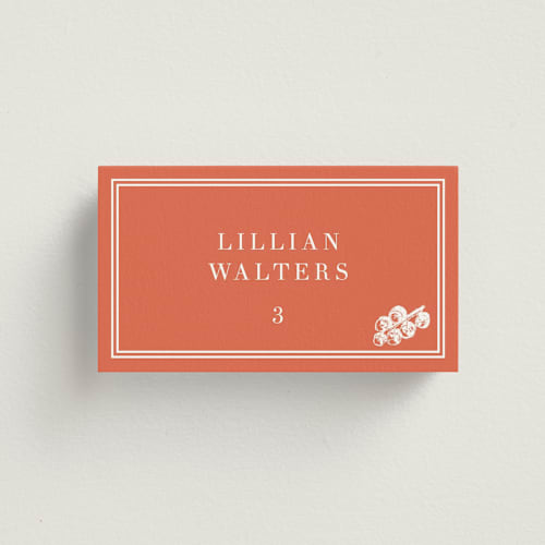 This is a tangerine wedding place cards with standard by Megan Davis called perry printing on signature in placecard