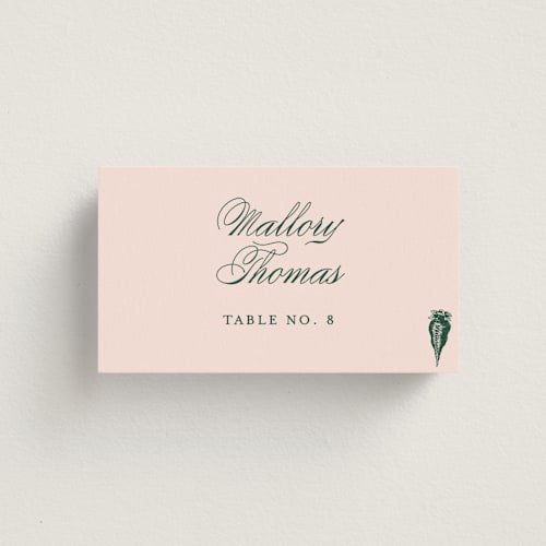 This is a rose wedding place cards with standard by Megan Davis called hepburn printing on signature in placecard