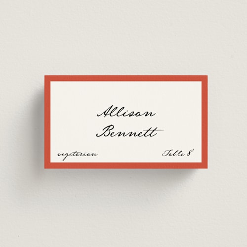 This is a strawberry wedding place cards with standard by Kelly Watkins called juniper printing on signature in placecard