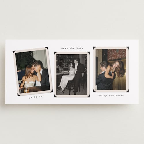 This is a snow save the date with standard by Tamara Hilje called vintage album printing on recycled smooth signature in tall