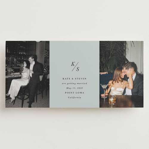 This is a pewter save the date with standard by Olivia Kanaley Inman called parker printing on recycled smooth signature in tall