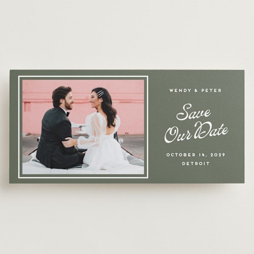 This is a garden save the date with standard by Snow and Ivy called penumbra printing on recycled smooth signature in tall