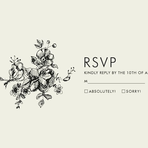 This is a beige rsvp postcards by Phrosné Barwood called elegance illustrated printing on signature in postcard