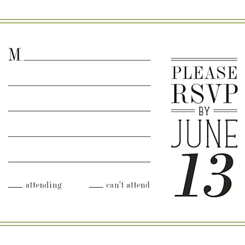 This is a moss rsvp postcards by Ariel Rutland called wed in type printing on signature in postcard