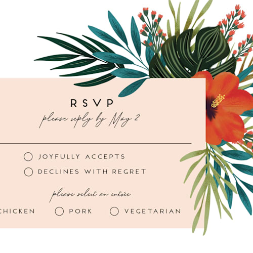 This is a coral rsvp postcards by Joanna Griffin called tropical oasis printing on signature in postcard