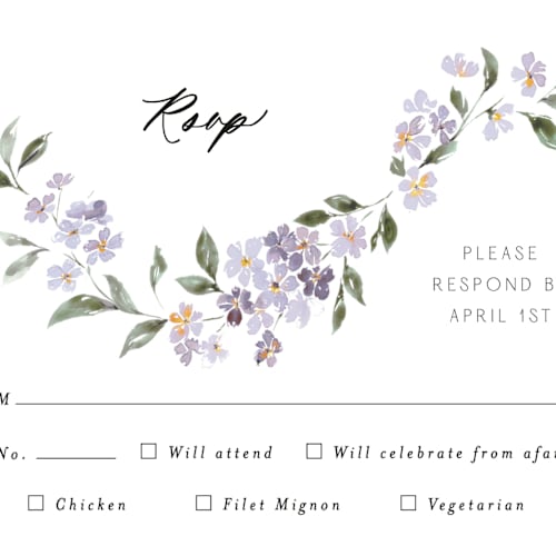 This is a periwinkle rsvp postcards by Itsy Belle Studio called sweeping vine printing on signature in postcard