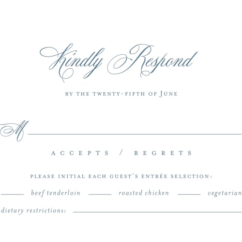 This is a dusty blue rsvp postcards by Jennifer Postorino called empire printing on signature in postcard