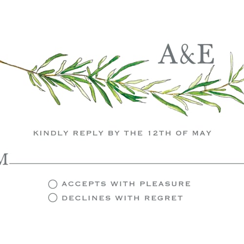 This is a fern rsvp postcards by Erin Deegan called simple sprigs printing on signature in postcard