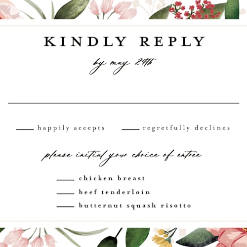 This is a blush rsvp postcards by Susan Moyal called blossom printing on signature in postcard