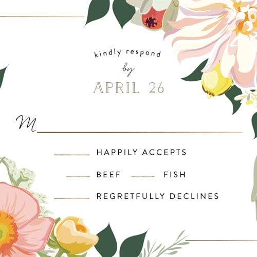 This is a blush rsvp postcards by Susan Moyal called spring blooms printing on signature in postcard