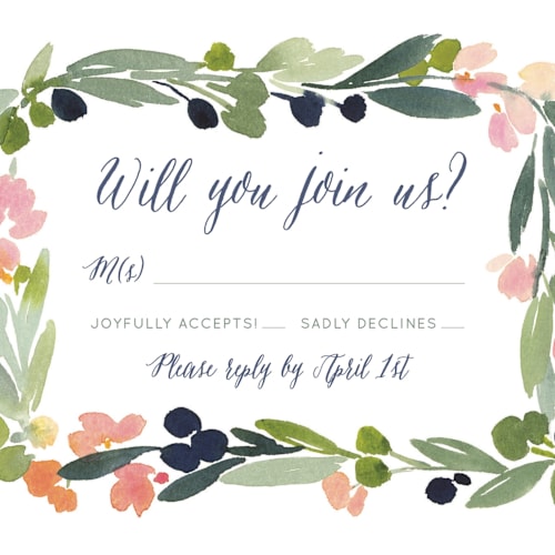 This is a grapefruit rsvp postcards by Yao Cheng Design called watercolor wreath printing on signature in postcard