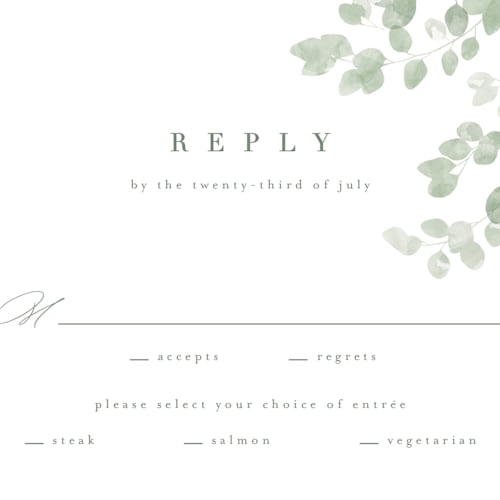 This is a eucalyptus rsvp postcards by Kristie Kern called vining printing on signature in postcard