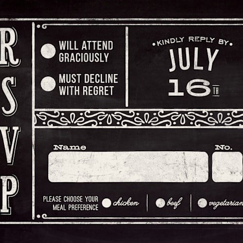This is a chalkboard rsvp postcards by GeekInk Design called slated forever printing on signature in postcard