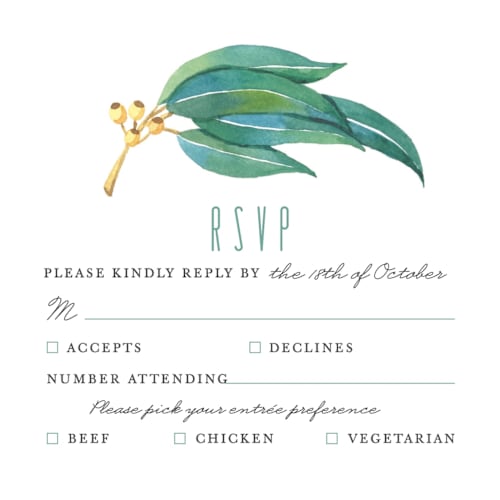 This is a eucalyptus rsvp postcards by Shannon Chen of Four Wet Feet Studio called eucalyptus leaves printing on signature in postcard