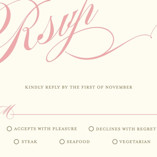 This is a petal pink rsvp postcards by Annie Clark called winter flourish printing on signature in postcard