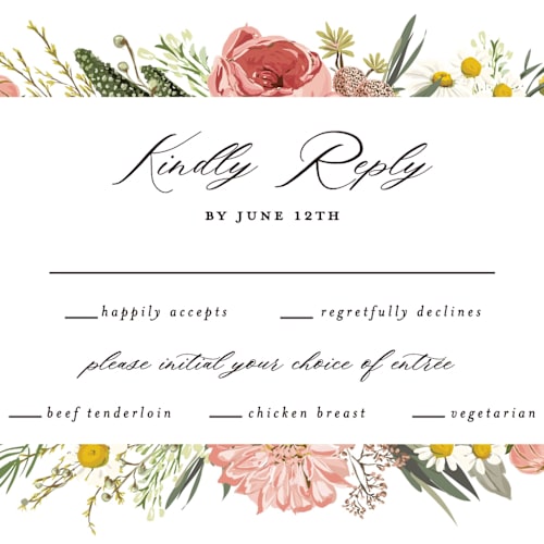 This is a blush rsvp postcards by Susan Moyal called organic florals printing on signature in postcard