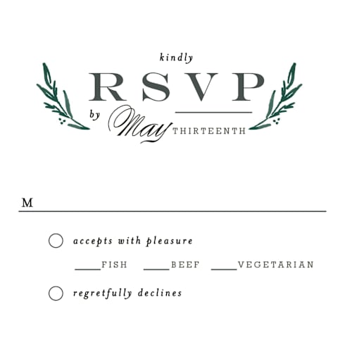 This is a forest green rsvp postcards by Alethea and Ruth called elegant crest printing on signature in postcard