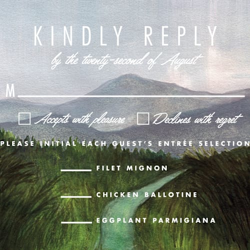 This is a forest rsvp postcards by Elly called adventure begins printing on signature in postcard
