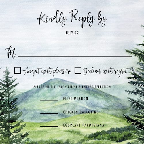 This is a forest rsvp postcards by Elly called into the woods printing on signature in postcard