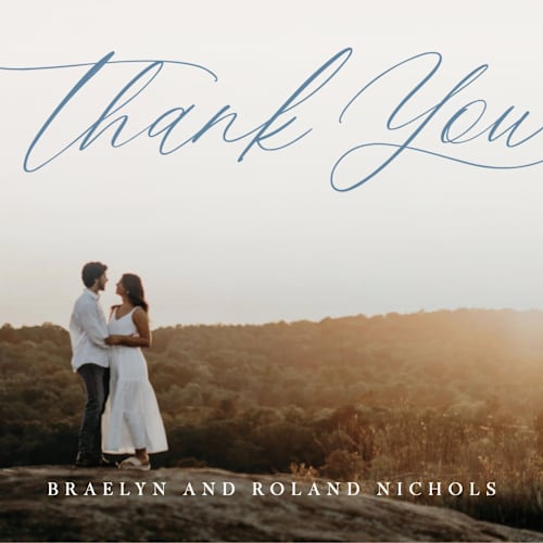 This is a navy thank you postcards by Hooray Creative called modern romance printing on signature in postcard